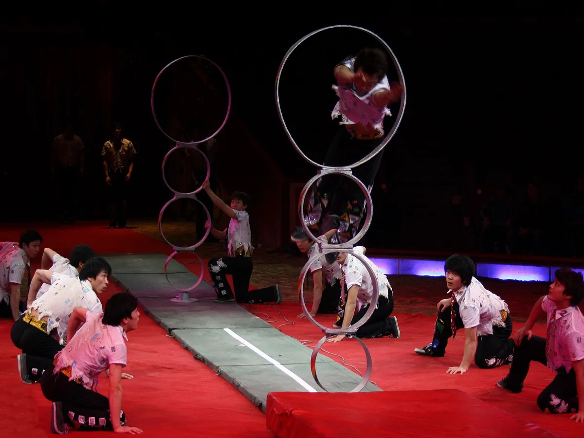 A troupe of Chinese acrobats performing a ring-diving act on stage